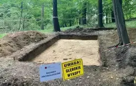 Las. Teren wykopalisk. Jeden wykop. Tabliczka "Uwaga głębokie wykopy" "Badania archeologiczne" 