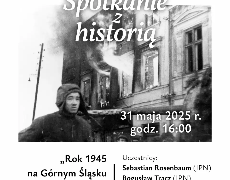 Żołnierz na tle płonącego budynku w czasie II wojny światowej. Plakat wydarzenia. 