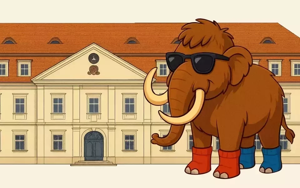 grafika: mamut na tle pałacu Dietrichsteinów
